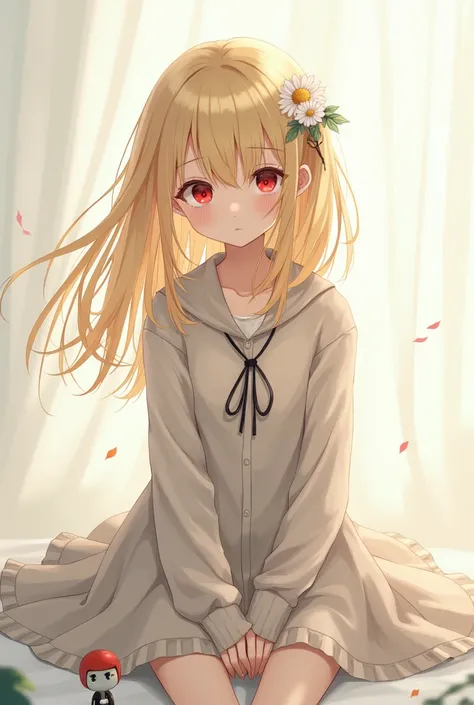 Alone, best quality, blonde hair, red eyes, 1 , toys, Hair flower, nya
