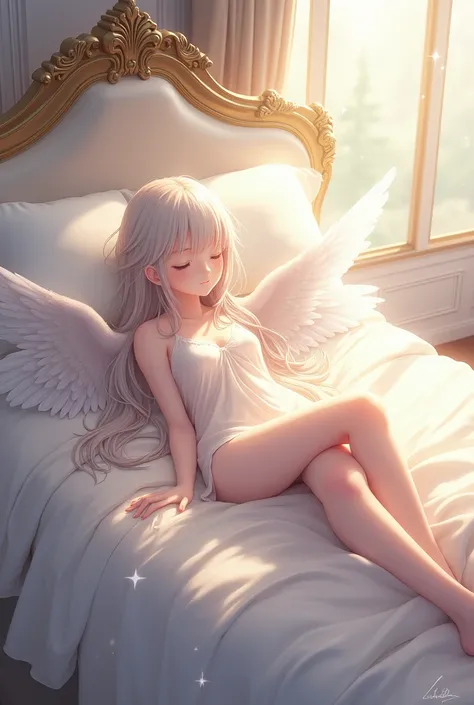 Create a Female Angel Lying on the Bed Anime Style 