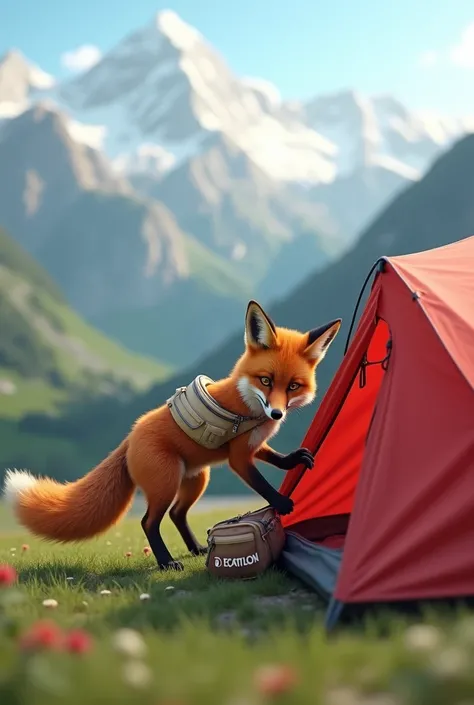 Fox stealing a beige decathlon fanny pack from a red tent in the Alps