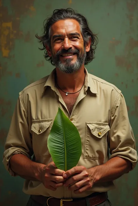 Um homem brasileiro, com roupa simples, in a Brazilian location, holding a leaf, written &#39; councilor Mossini, 15915