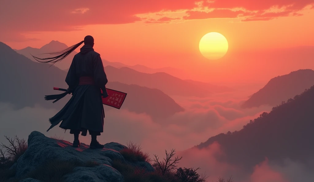 A lone ninja standing on a mountaintop, overlooking ancient Japan at sunrise, holding the Bansenshukai scroll, his silhouette illuminated by the rising sun, mist-covered valleys in the background, his posture reflects confidence and mystery, the atmosphere...