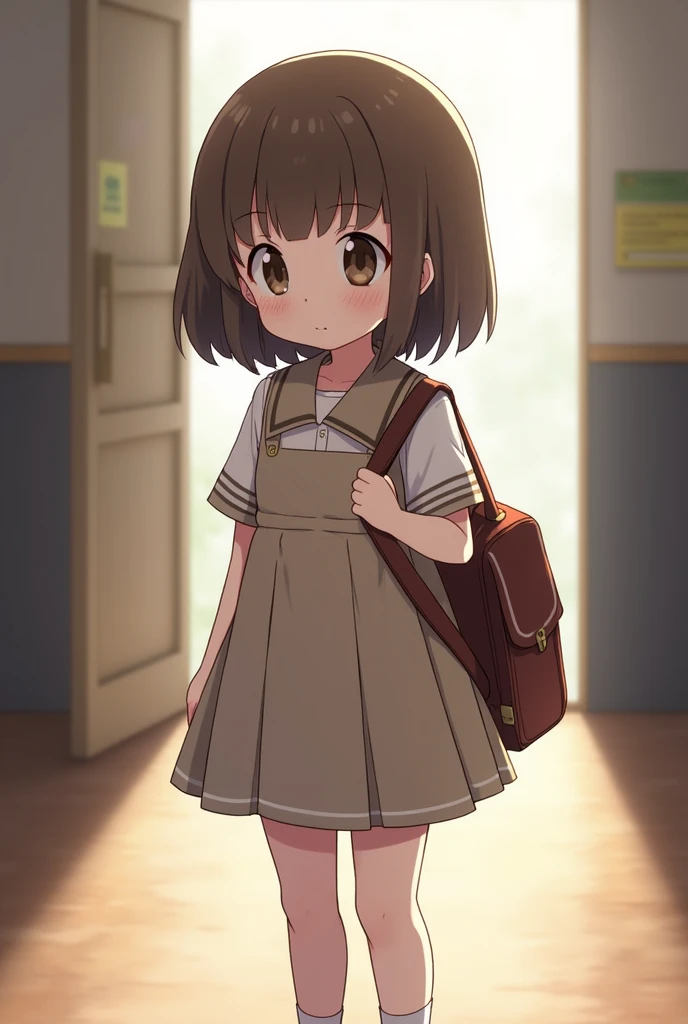 Girl little in school dress with school bag 
