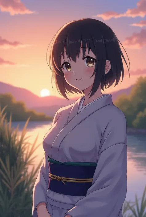 Standing by a river in the Japanese countryside、Goddess、Very short black hair、A yukata in a calm color、A kind smile,Beautiful eyes、barefoot、Cool smile、Portrait,Sunset sky,Boyish,tall,after sunset,A sky of madder and indigo gradation,Upper body close-up,Clo...