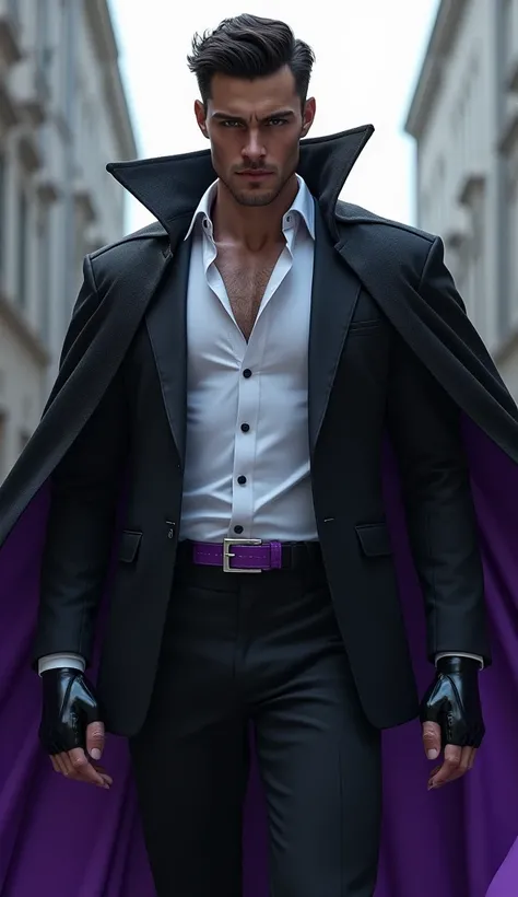 I want a suit with an open white dress shirt and a black and purple hero&#39;s cape., black fingerless gloves, a dark purple belt