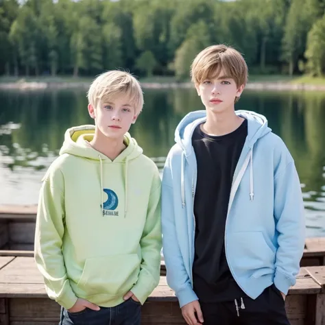  male with green eyes and shoulder length blonde hair, Her attire is a casual white and blue hoodie.，Next to him stands a 1 boy with brown eyes and short black hair.。They are on a boat on a lake in a Nordic forest，A big full moon shines in the sky。