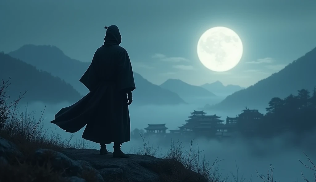 A ninja, wearing dark traditional garb from the Edo period, standing atop a hill under the moonlight, gazing out into the distance as his figure fades into legend, a serene Japanese village can be seen in the background, the atmosphere feels both nostalgic...