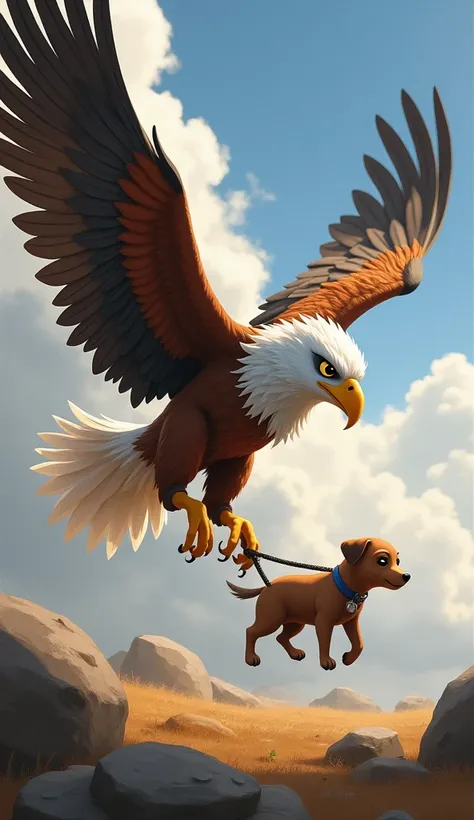 The Brave Eagle

A majestic eagle named Chikki soaring through the cloudy sky. The eagle has strong, outstretched wings and a determined look in its eyes as it spots the stranded puppy below. The wind ruffles its feathers, conveying a sense of speed and ur...