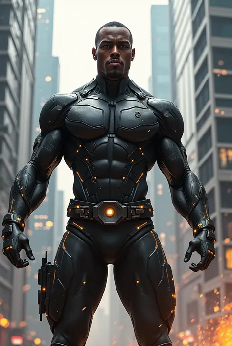 Create a realistic image of an adult black male, super heroi, with powers of magnetism, with costume