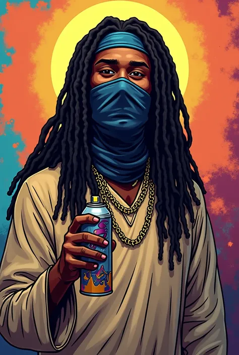 Black Jesus with dreadlocks and spray paint on his hand and balaclava in cartoon
