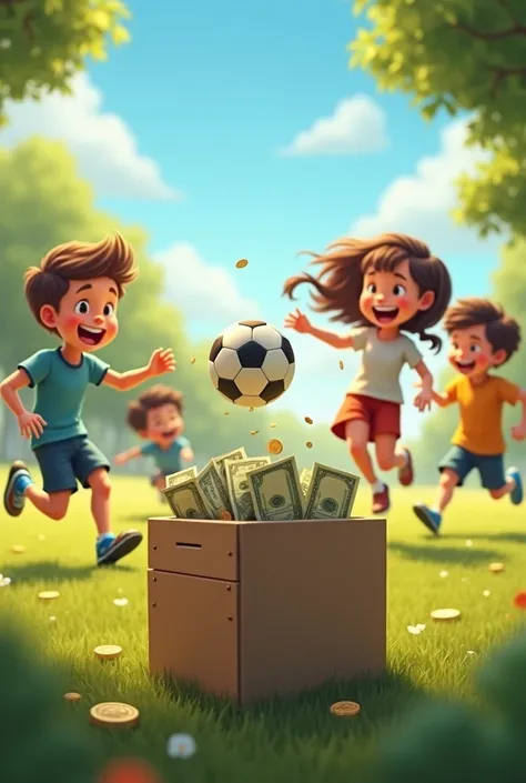 Happy children playing soccer in the background, while in the foreground a donation box is seen being filled with money. 