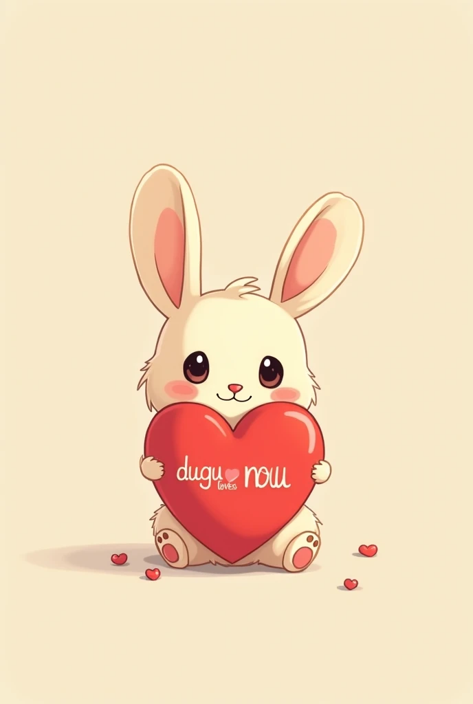 A small cute animated baby rabbit   holding q red heart in its hand and dugu loves nonu IS WRITTEN IN THE RED HEART