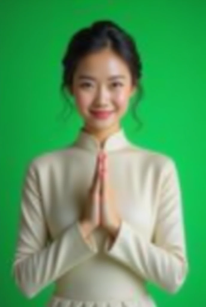 A beautiful woman stands with her hands together in a wai against a green screen backdrop.