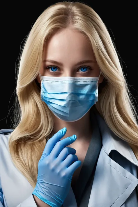 1 girl, blue eyes, blonde hair, Long Hair, Trenchcoat, Surgical face mask, blue surgical gloves, High resolution, best quality, Super detailed, Exactly, Photorealism, 