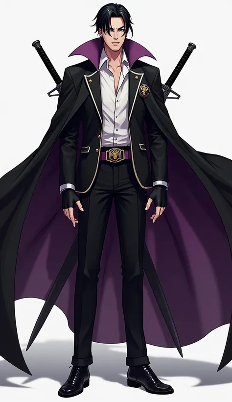 I want a suit with an open white dress shirt and a black and purple hero&#39;s cape., black fingerless gloves, a dark purple belt, two swords and a symbol of a liger