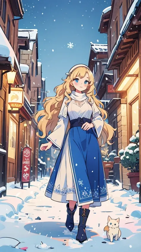 a woman in a bustling medieval city, snowy, wavy blonde hair, beautiful detailed blue eyes, modest breasts, long winter gown, boots