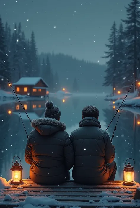 Gay Couple Fishing at night while snowing art

