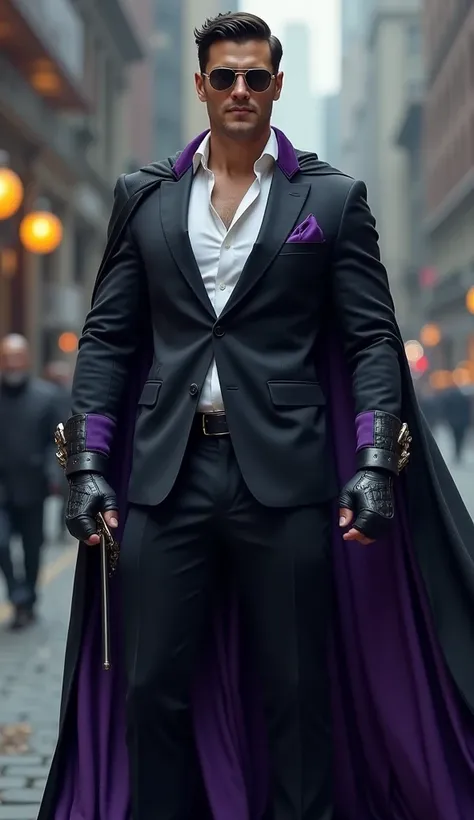 I want a suit with an open white dress shirt and a black and purple hero&#39;s cape., black fingerless gloves, a dark purple belt and two swords 