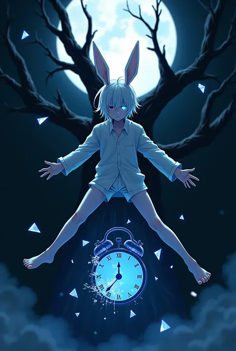 sharp lines, Blue, black and white are the main colors. , 2D anime male, 2, Snow white skin, White hair, white rabbit ears, short hair long bangs covering one eye, The other eye is blue with a sparkling effect., dark space with blue color below and a full ...