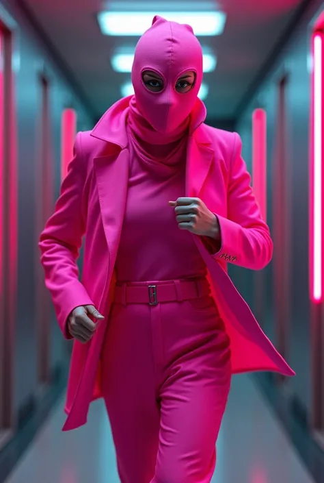 A bank robber in neon pink colors 