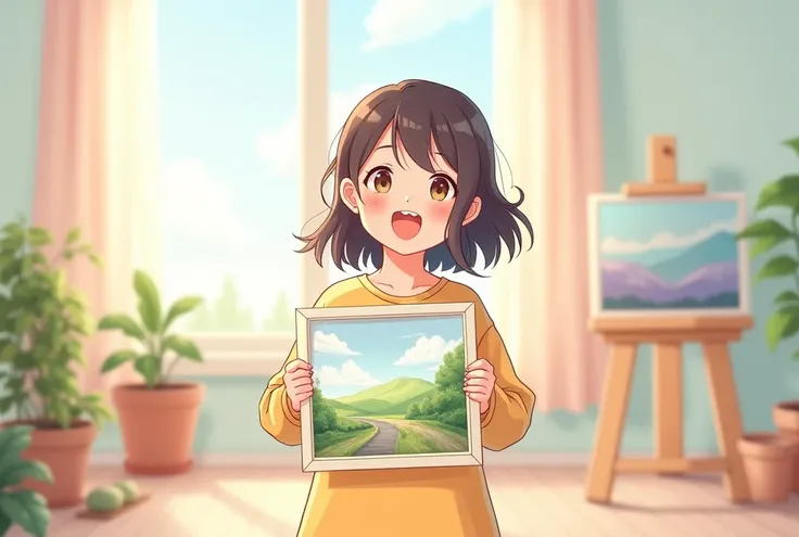 1 girl in a bright room，Smiling happily，Holding a painting in his hand。Cartoon，可爱Cartoon，可爱Cartoon风格，Cute illustration，Clean anime art，Simple background