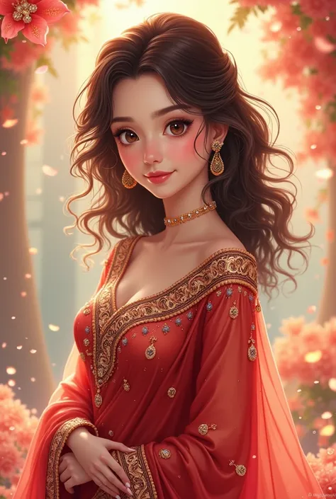 Curly hair in brown skin wearing full covered 
saree with jewelles anime character 