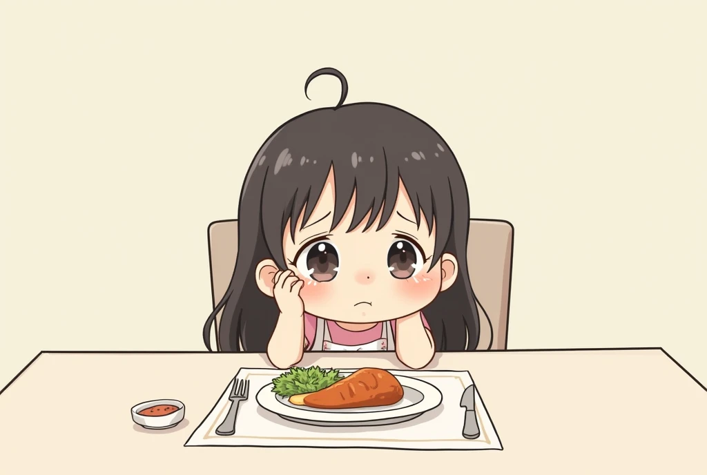 1 girl sitting at the dining table，The expression was ，The food in front of me is not touched.。Cartoon，可爱Cartoon，可爱Cartoon风格，Cute illustration，Clean anime art，Simple background