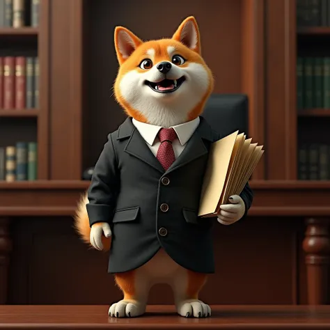 "A highly realistic Shiba Inu dog standing on two legs in a courtroom. The dog is dressed in a detailed lawyers coat, with a tie and buttons, and is holding a file in one paw. The dogs facial expression is lively, as if it is speaking, conveying confidence...