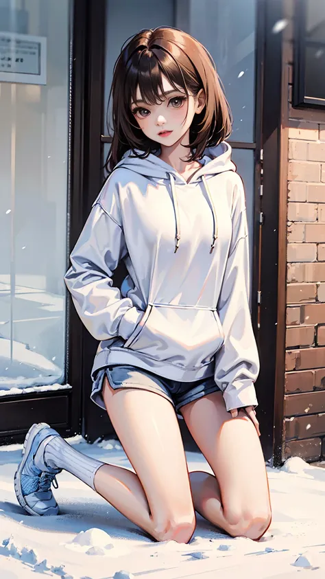 a girl,fourteen years old ,brown long hair,white skin,wearing an oversized hoodie,white mini short pants,sport white socks,very thin legs,skinny legs,slim,skinny,kneeling on the snow