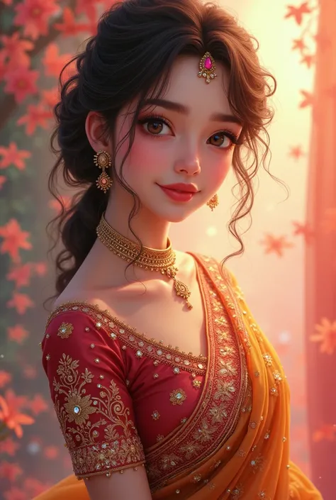 Curly hair in brown skin wearing full covered 
saree with jewelles anime character 