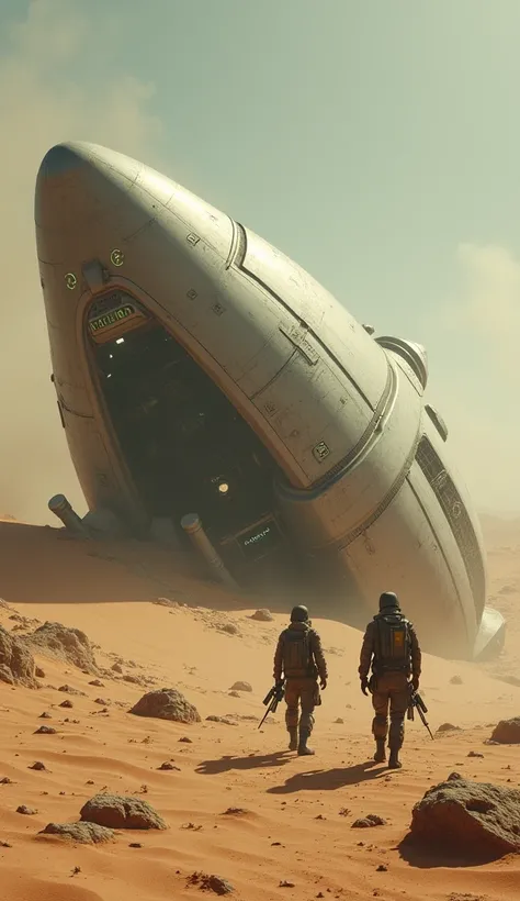 A crashed, futuristic-looking metallic object, partially buried in the sand. The surface of the object is sleek and shiny, with glowing, alien symbols etched across its curved hull. Pieces of debris are scattered around, with faint smoke rising from the cr...