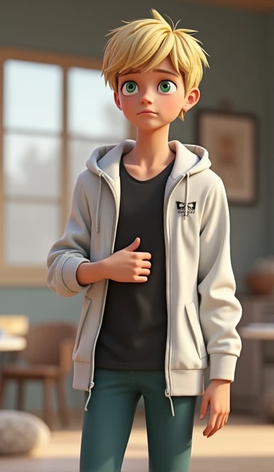 Create Photo of Boy version of Adrien agreste as hungry and stomach growling in her jacket