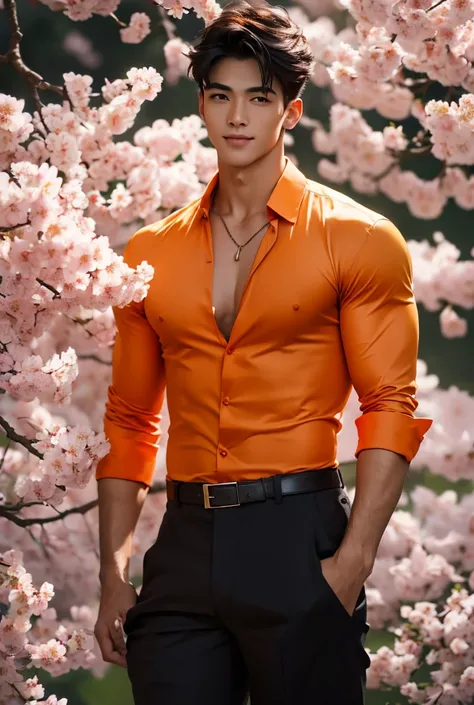 (absurdres, highres, extremely detailed, Ultra High Definition, masterpiece), a tall handsome muscular young man with a strong physique with a serene expression stands beneath a canopy of cherry blossoms in full bloom, their pale pink petals drifting down ...