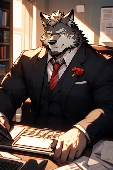 A Muscular Kemono Furry Gray Wolf. He is wearing A Suit with red tie. he is sitting on a chair doing his work on his laptop on his desk. he is looking at the viewer. he is in his very small apartment room. there is a lamp beside his work desk. his one hand...