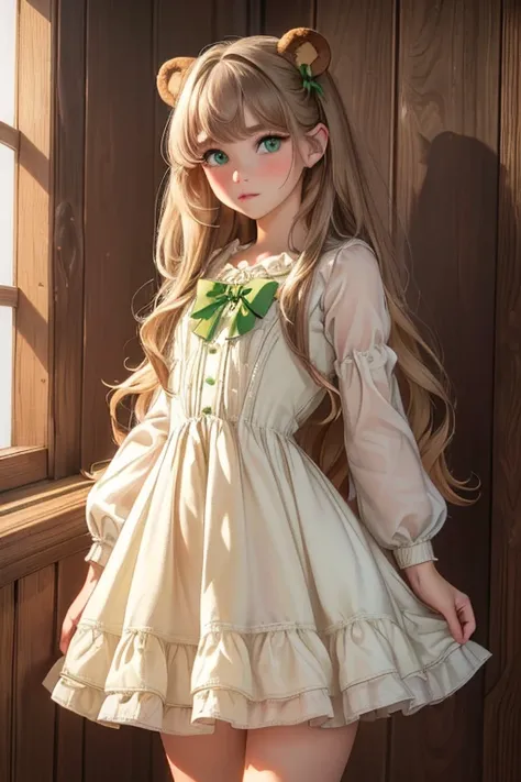 (best quality, 4K, 8K, high resolution, masterpiece:1.2), ultra-detailed, (realistic, photorealistic:1.37), (1 Lolita Girl, ), (small body), wearing little white dress, (Hair green, long hair), (beautiful detailed eyes, green eyes), (cute, shy face, blush)...