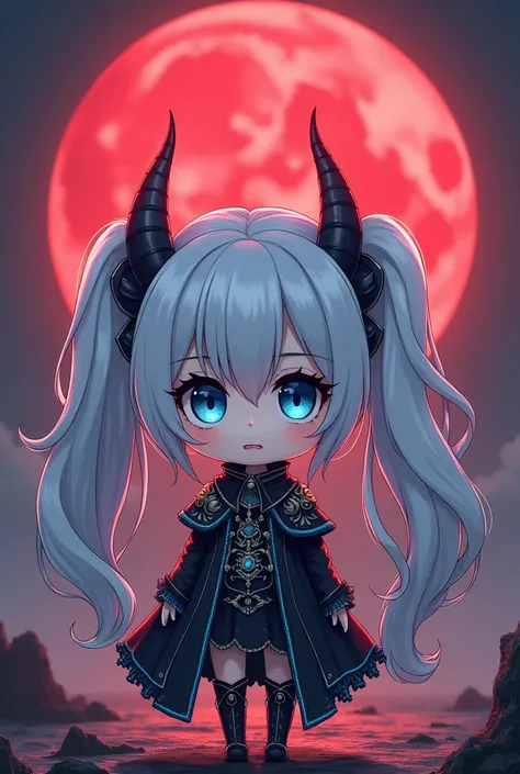 anime,chibi, female, twin tails, silver hair, light blue eyes, one fang showing, demoness , princess outfit, cold face, crimson moon background