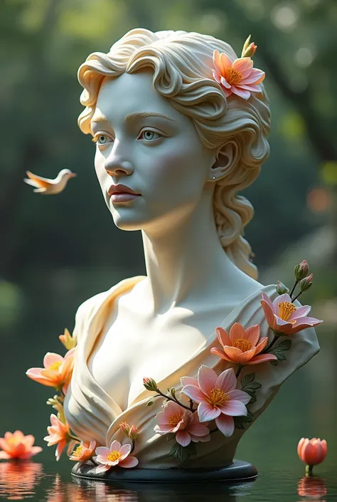 A bust statue representing the stages of life, fancy, until, easy style, many flowers, in a lake, mariposa, a bird 