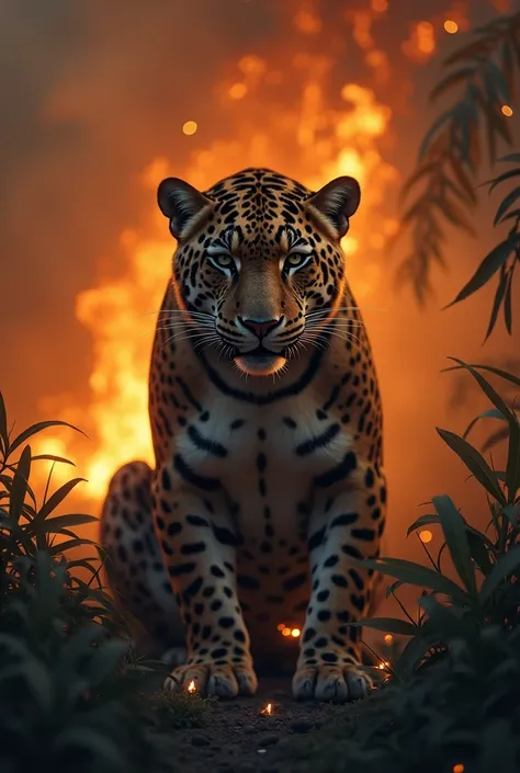 Jaguar crying for its dead cubs and burning jungle in the background