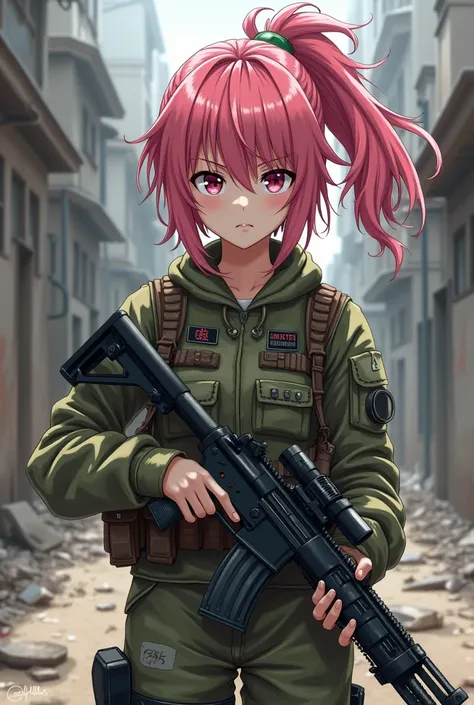 Anime girl with pink messy hair in a ponytail with soilder clothes holding a gun 