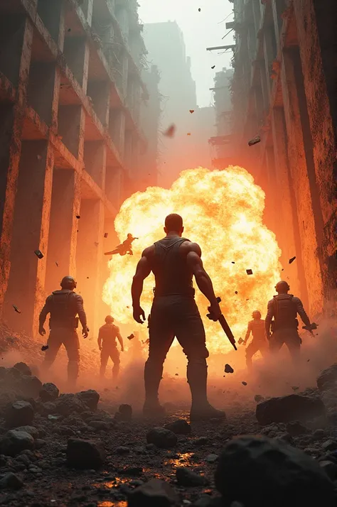 A climactic scene set in an abandoned building. Explosions and chaos as two rival factions clash. Debris flies, and the hero fights against overwhelming odds, showcasing determination and courage