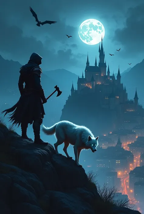 A  assassins standing on mountains taking axe in his hand at night and bloody white wolf with blue fire eyes standing beside warrior watching the and 13th centuary castle with full lighted city and crow and bats flying beside the castle with full moon