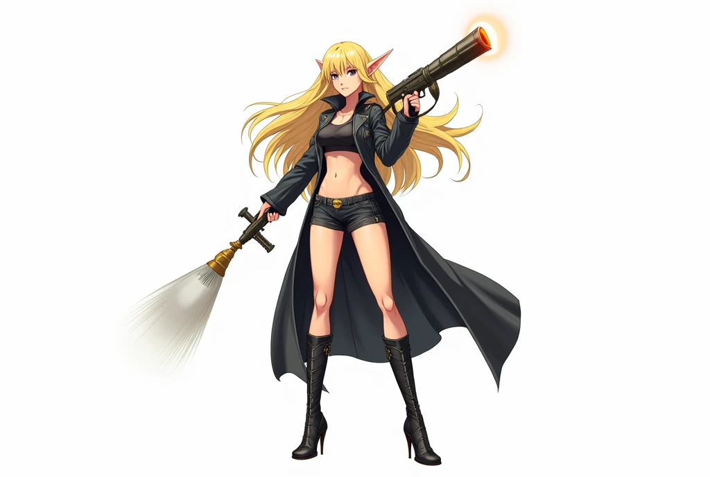 Make it in anime style and with a white background, a beautiful woman with blond hair and elf ears, she wears a shirt that shows her belly, and on top he wears a black overcoat, she wears long boots and shorts, her weapon is a grenade launcher