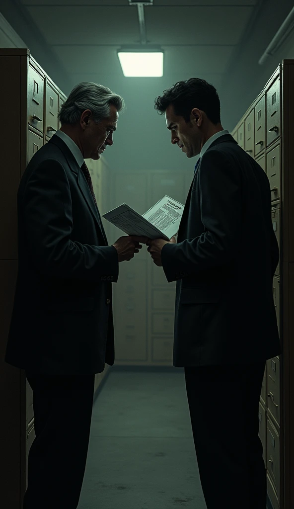 A dimly lit, shadowy government office from the 1940s, with two men in dark suits, one a middle-aged Caucasian man with thinning gray hair, and the other a younger Hispanic man in his 30s, exchanging classified documents stamped with Top Secret. The backgr...