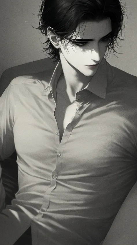 ((masterpiece)), ((male-centered)), ((1 male)), black hair, short hair, black eye, sexy, ((unbuttoned shirt)), loose tie,((a lan...