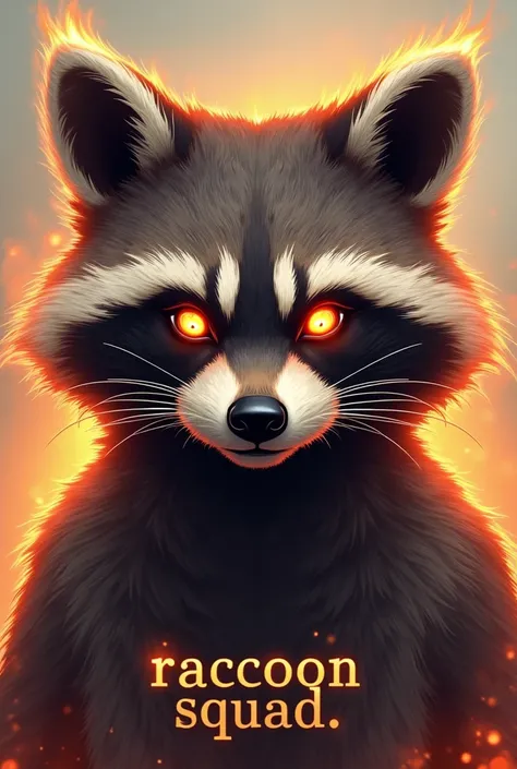 profile picture of a female guerrilla raccoon with flaming eyes with a victorious aura written at the bottom raccoon squad in English
