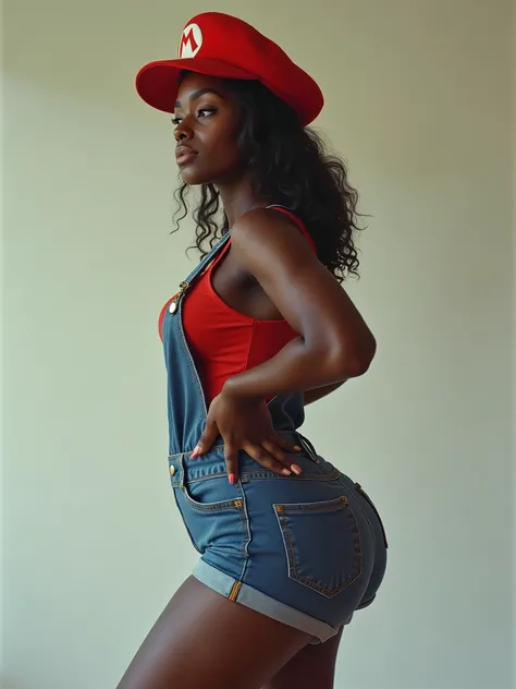 supermariobros: side view: she is a Female Mario wears overalls: super fine hourglass physique (Kodakportra800) body portrait, BUTT CHEEKS: HUGE: (bum, buns, butt, can, derriere, fanny) dark tan melanin: Hasselblad 500C/M paired with an 80mm f/2.8 Planar l...