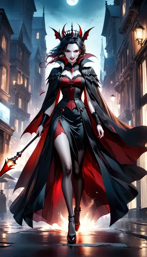 fantasy art, RPG art, ultra wide shot, a picture of a vampire queen in the big city, a beautiful mature vampire queen, elegant queen, dynamic hair color, dynamic hair style, wearing intricate silk dress, flowing cloak, high heels, holding a royal scepter, ...