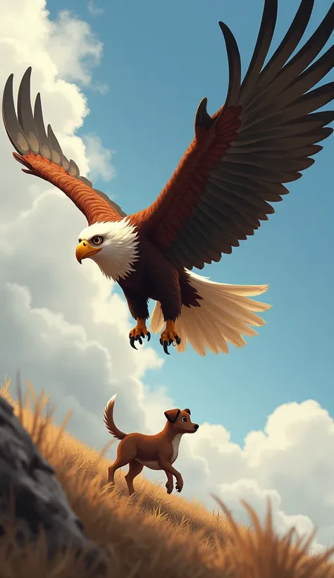 The Brave Eagle

A majestic eagle named Chikki soaring through the cloudy sky. The eagle has strong, outstretched wings and a determined look in its eyes as it spots the stranded puppy below. The wind ruffles its feathers, conveying a sense of speed and ur...