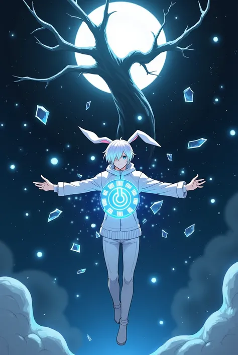 sharp lines, Blue, black and white are the main colors. , 2D anime male, 2, Snow white skin, White hair, white rabbit ears, short hair long bangs covering one eye, The other eye is blue with a sparkling effect., dark space with blue color below and a full ...