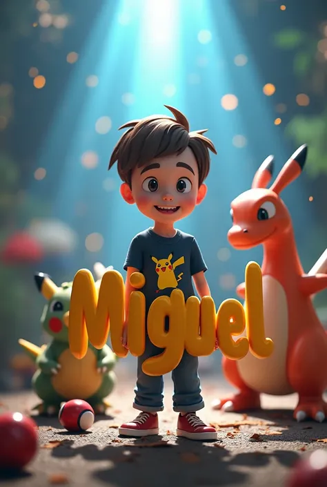 3d render Image in pokemon theme with the characters Ash, pikachu, charizard, Venusaur, Mewtwo and pokeballs, and in the center a  disney pixar style boy, short brown hair, white skin and childish smile. He is wearing a dark blue blouse with the pikacku pr...