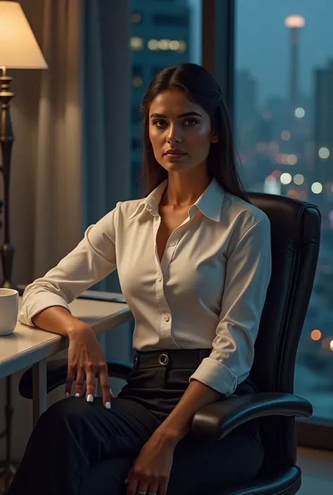 Indian face shadow girl in business or company inside asthetics environment with a bossy look professional shirt and pant at night sitting to  cup of coffee make buildings so asthetics 